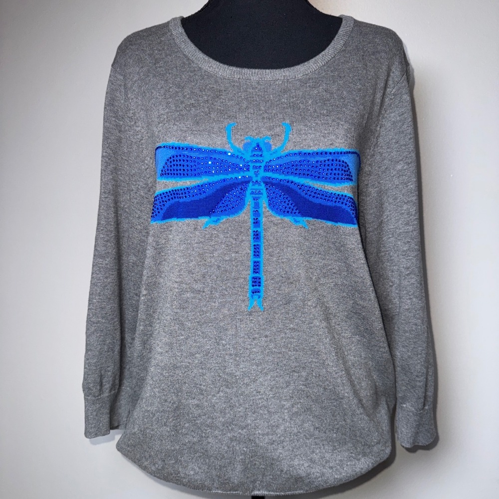 Cynthia Rowley Gray Dragonfly Rhinestone Knit Sweater XL Blue Graphic Zip Back
